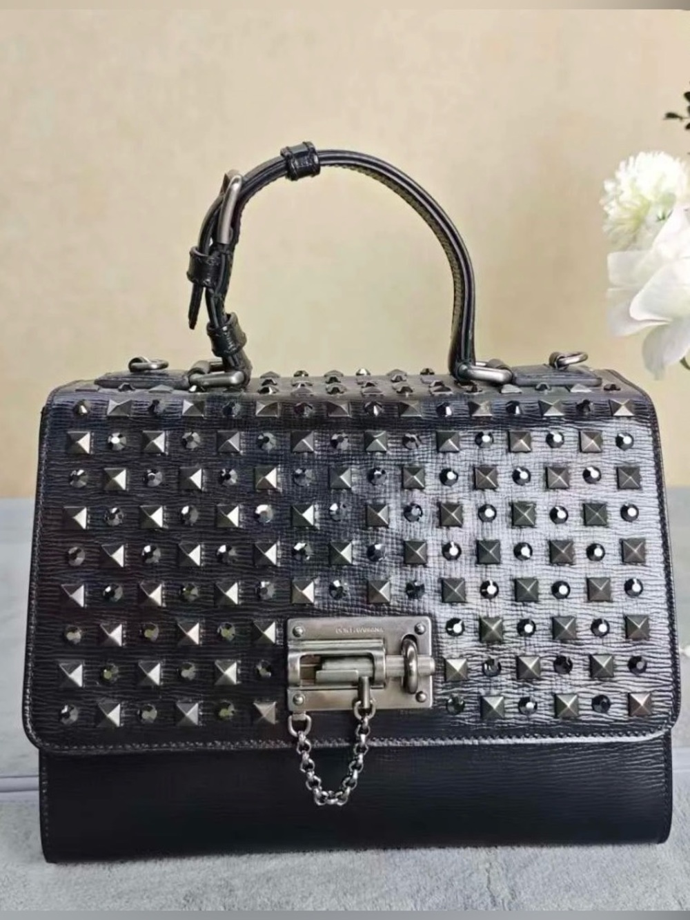 Dolce & Gabbana Miss Monica Black Studded Leather Top Handle Satchel with strap - Picture 6 of 9